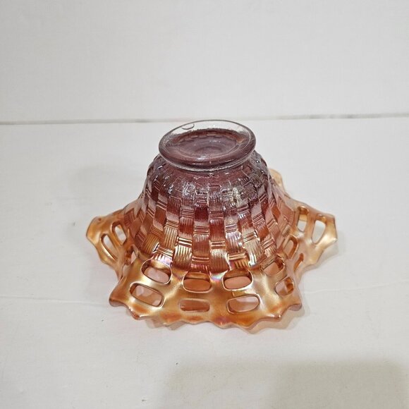 Fenton Carnival Glass Pink Marigold Reticulated Candy Bowl (Basket Weave) - Picture 4 of 6